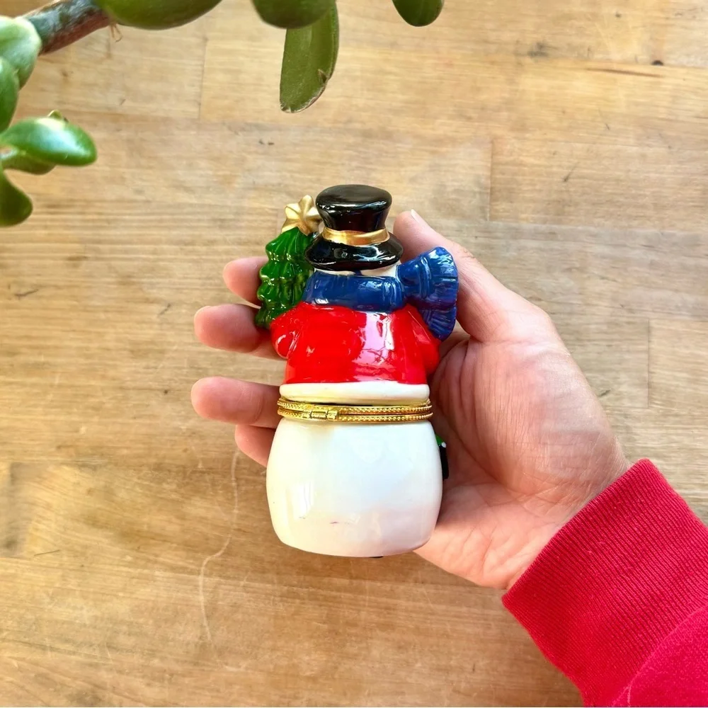 Vintage Ceramic Glazed Snowman Jewelry Trinket Box